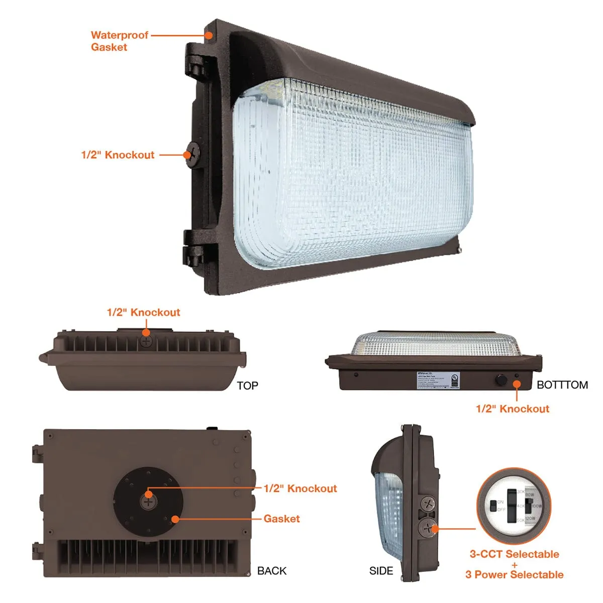 120W/100W/80W LED Slim Wall Pack / 3K/4K/5K CCT / Dusk-to-Dawn Photocell / Glass Lens / 100-277VAC / Bronze