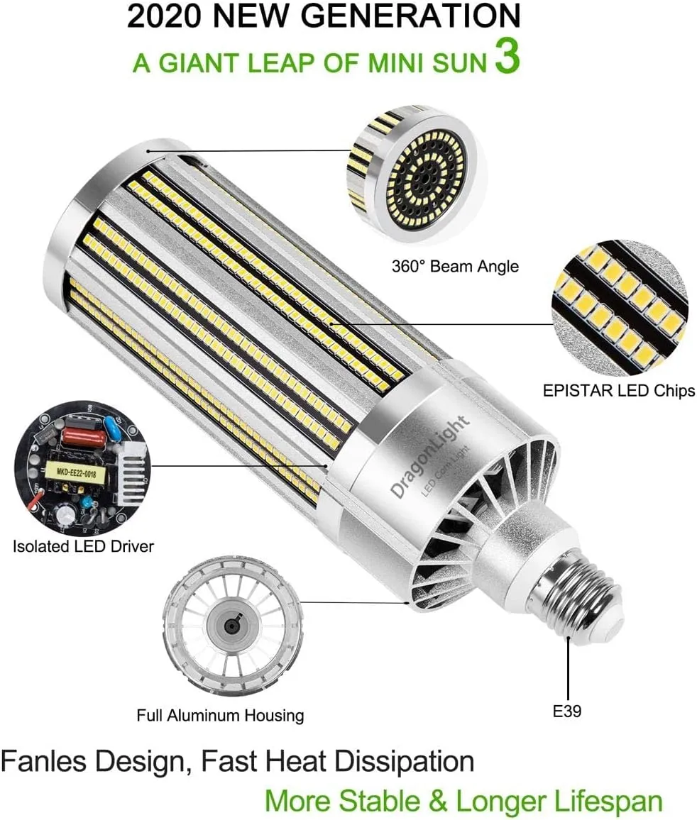 240 W Commercial Grade Corn LED Light Bulb Fanless, 1000 Watt MH/HPS Replacement, E39 Large Mogul Base LED Lamp 5000K Daylight 32,400Lumen