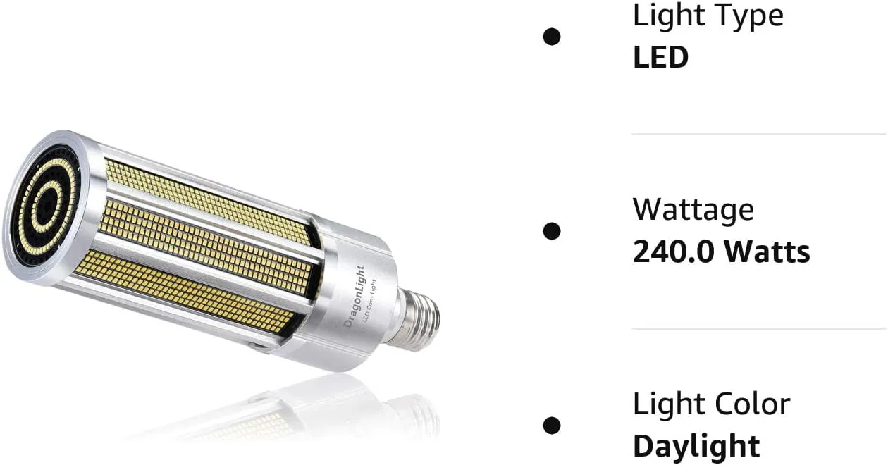 240 W Commercial Grade Corn LED Light Bulb Fanless, 1000 Watt MH/HPS Replacement, E39 Large Mogul Base LED Lamp 5000K Daylight 32,400Lumen