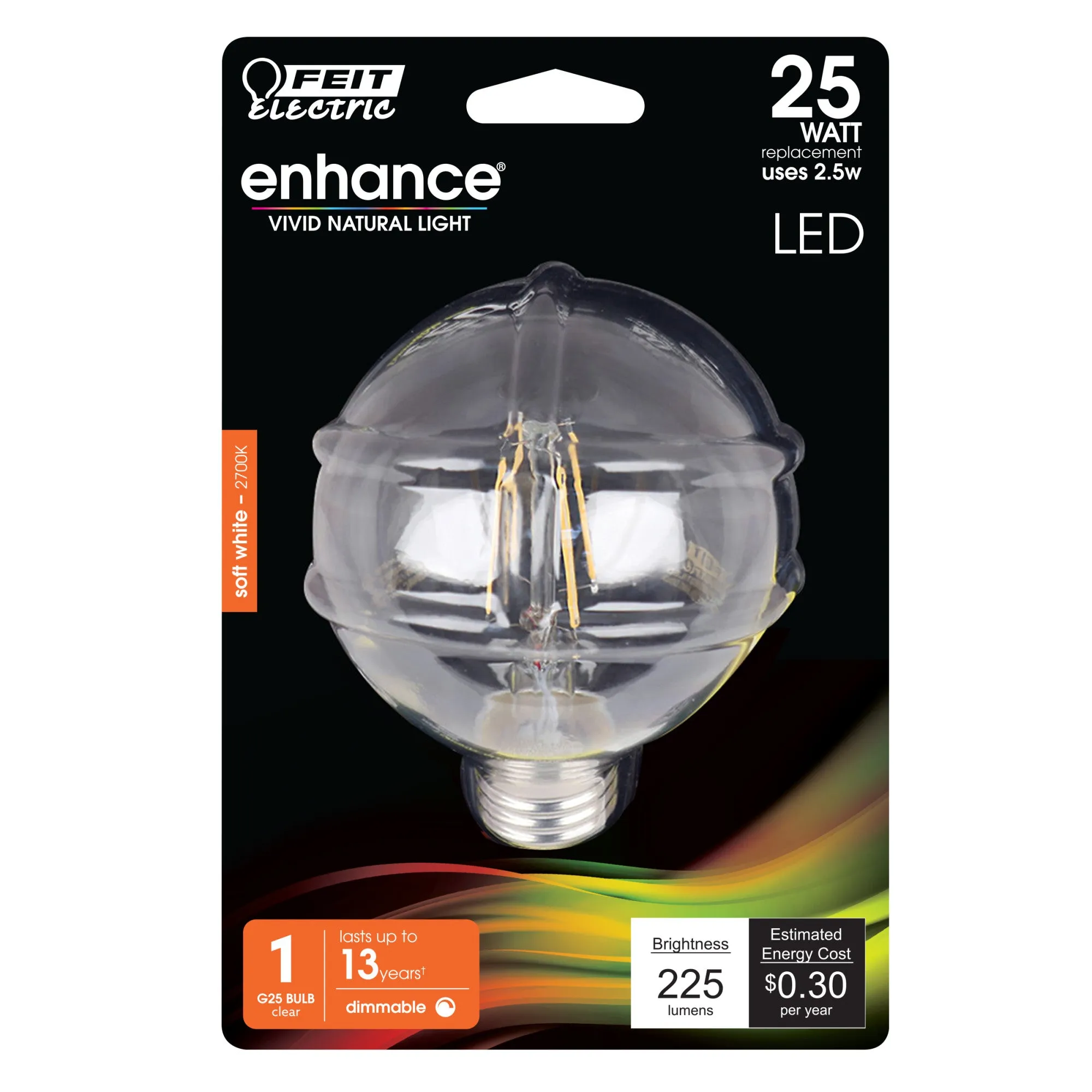 2.5W (25W Replacement) Soft White (3000K) E26 Base G25 Dimmable Enhance Glass Filament Globe LED Light Bulb