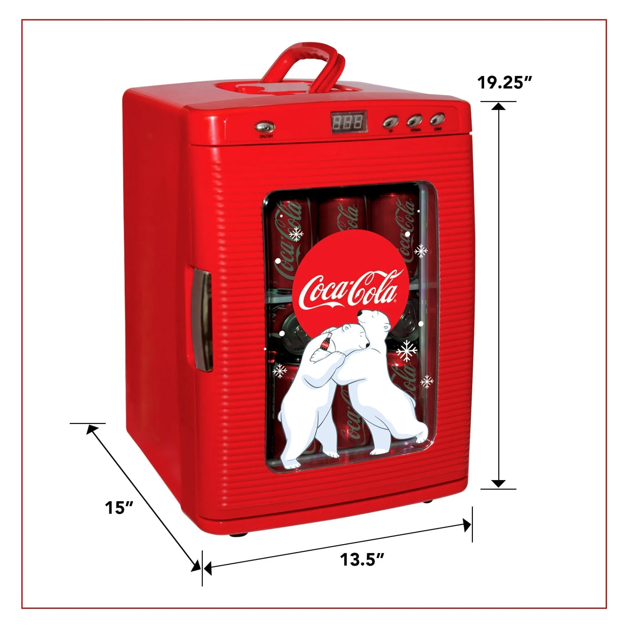 Coca-Cola Polar Bear 28 Can Cooler/Warmer w/ 12V DC and 110V AC Cords, 25L (28 qt) Portable Mini Fridge w/ Display Window, Travel Refrigerator for Snacks Lunch Drinks, Desk Home Office Dorm, Red