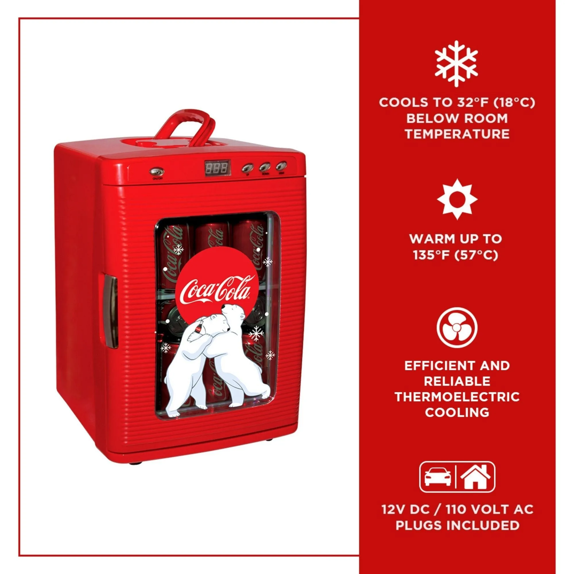 Coca-Cola Polar Bear 28 Can Cooler/Warmer w/ 12V DC and 110V AC Cords, 25L (28 qt) Portable Mini Fridge w/ Display Window, Travel Refrigerator for Snacks Lunch Drinks, Desk Home Office Dorm, Red