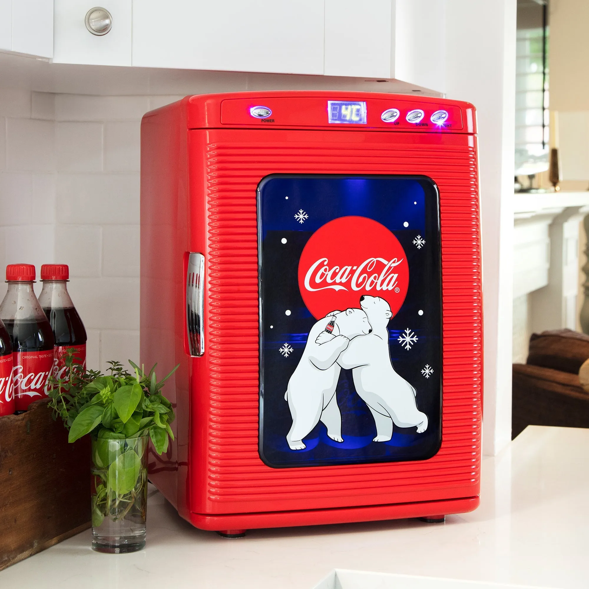 Coca-Cola Polar Bear 28 Can Cooler/Warmer w/ 12V DC and 110V AC Cords, 25L (28 qt) Portable Mini Fridge w/ Display Window, Travel Refrigerator for Snacks Lunch Drinks, Desk Home Office Dorm, Red