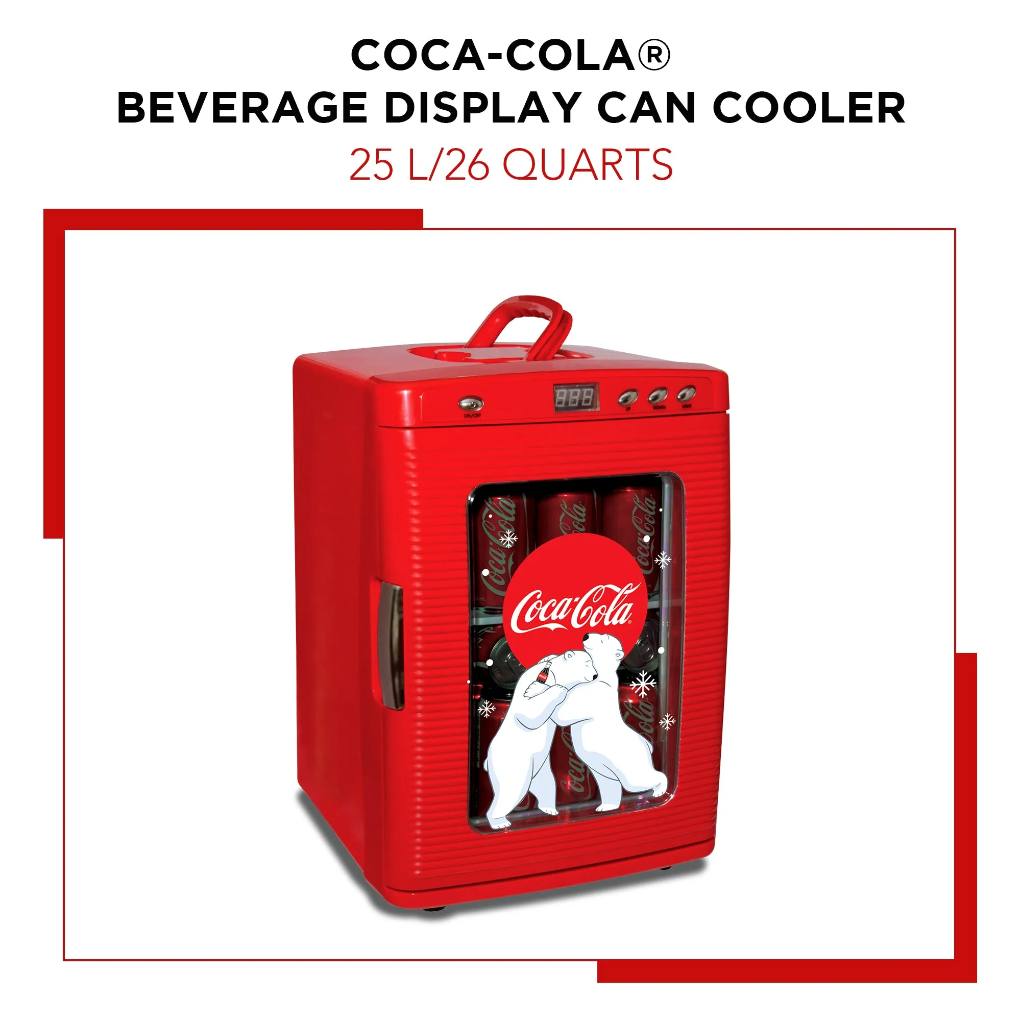 Coca-Cola Polar Bear 28 Can Cooler/Warmer w/ 12V DC and 110V AC Cords, 25L (28 qt) Portable Mini Fridge w/ Display Window, Travel Refrigerator for Snacks Lunch Drinks, Desk Home Office Dorm, Red