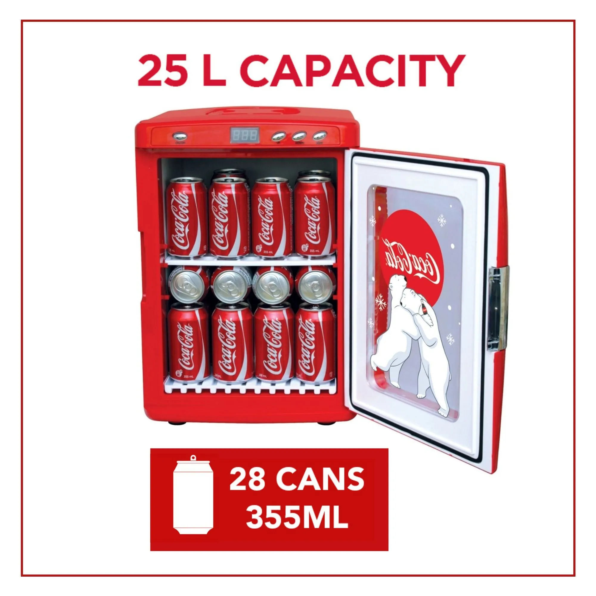 Coca-Cola Polar Bear 28 Can Cooler/Warmer w/ 12V DC and 110V AC Cords, 25L (28 qt) Portable Mini Fridge w/ Display Window, Travel Refrigerator for Snacks Lunch Drinks, Desk Home Office Dorm, Red