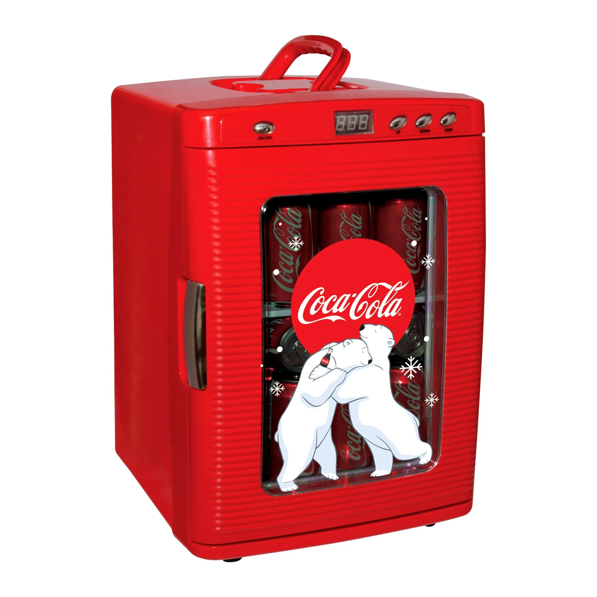 Coca-Cola Polar Bear 28 Can Cooler/Warmer w/ 12V DC and 110V AC Cords, 25L (28 qt) Portable Mini Fridge w/ Display Window, Travel Refrigerator for Snacks Lunch Drinks, Desk Home Office Dorm, Red