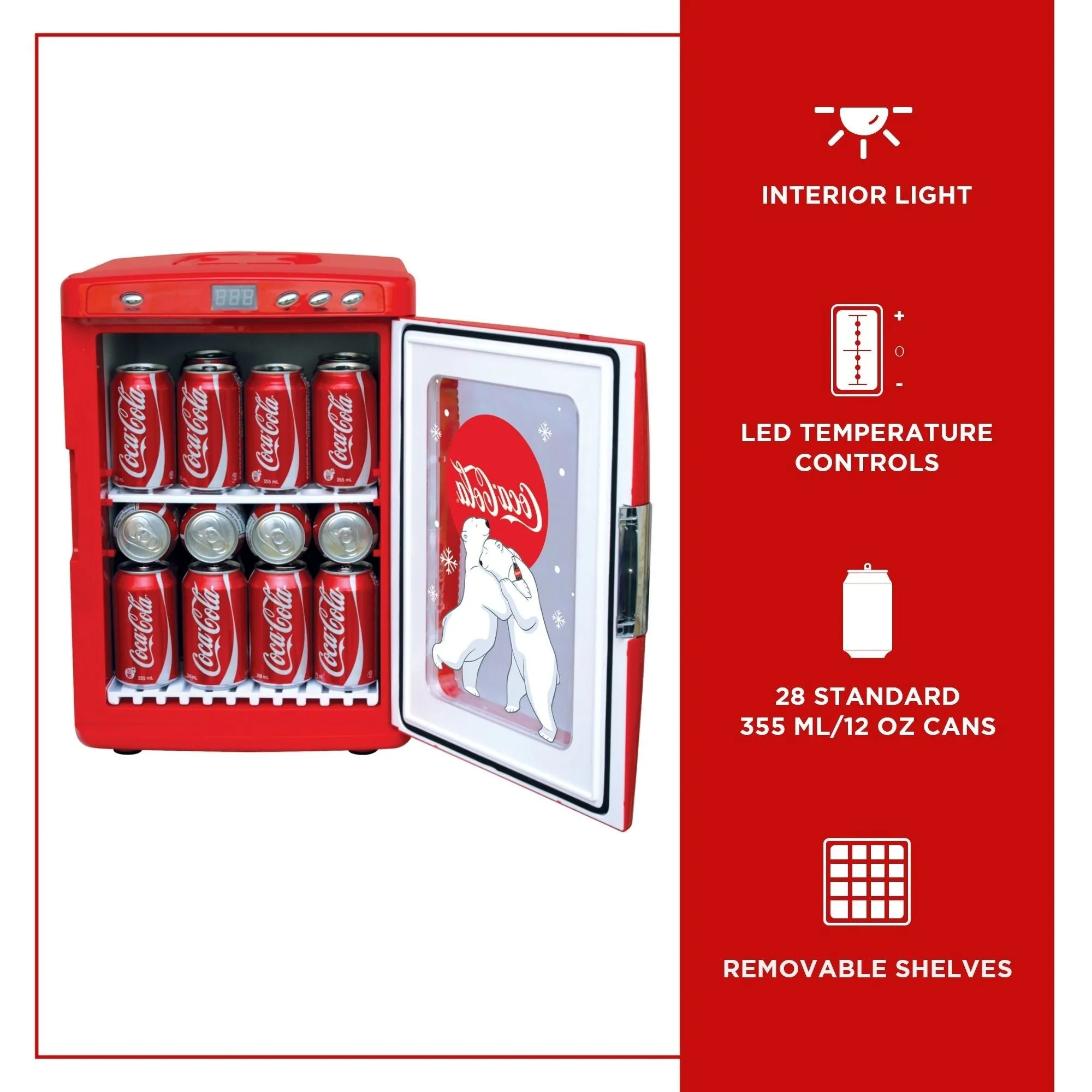 Coca-Cola Polar Bear 28 Can Cooler/Warmer w/ 12V DC and 110V AC Cords, 25L (28 qt) Portable Mini Fridge w/ Display Window, Travel Refrigerator for Snacks Lunch Drinks, Desk Home Office Dorm, Red