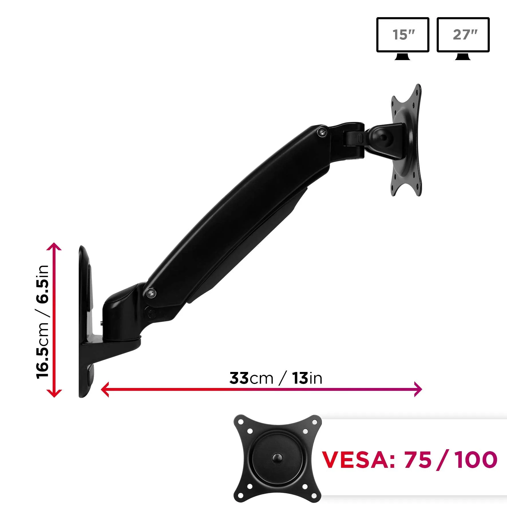 Duronic Monitor Arm Wall Mount DM55W1X1 | Bracket for Single PC Computer Screen | Aluminium | For One 15”-27” LED LCD TV Television | VESA 75/100 Fixing | Tilt  85°/-90°, Swivel 180°, Rotate 360°