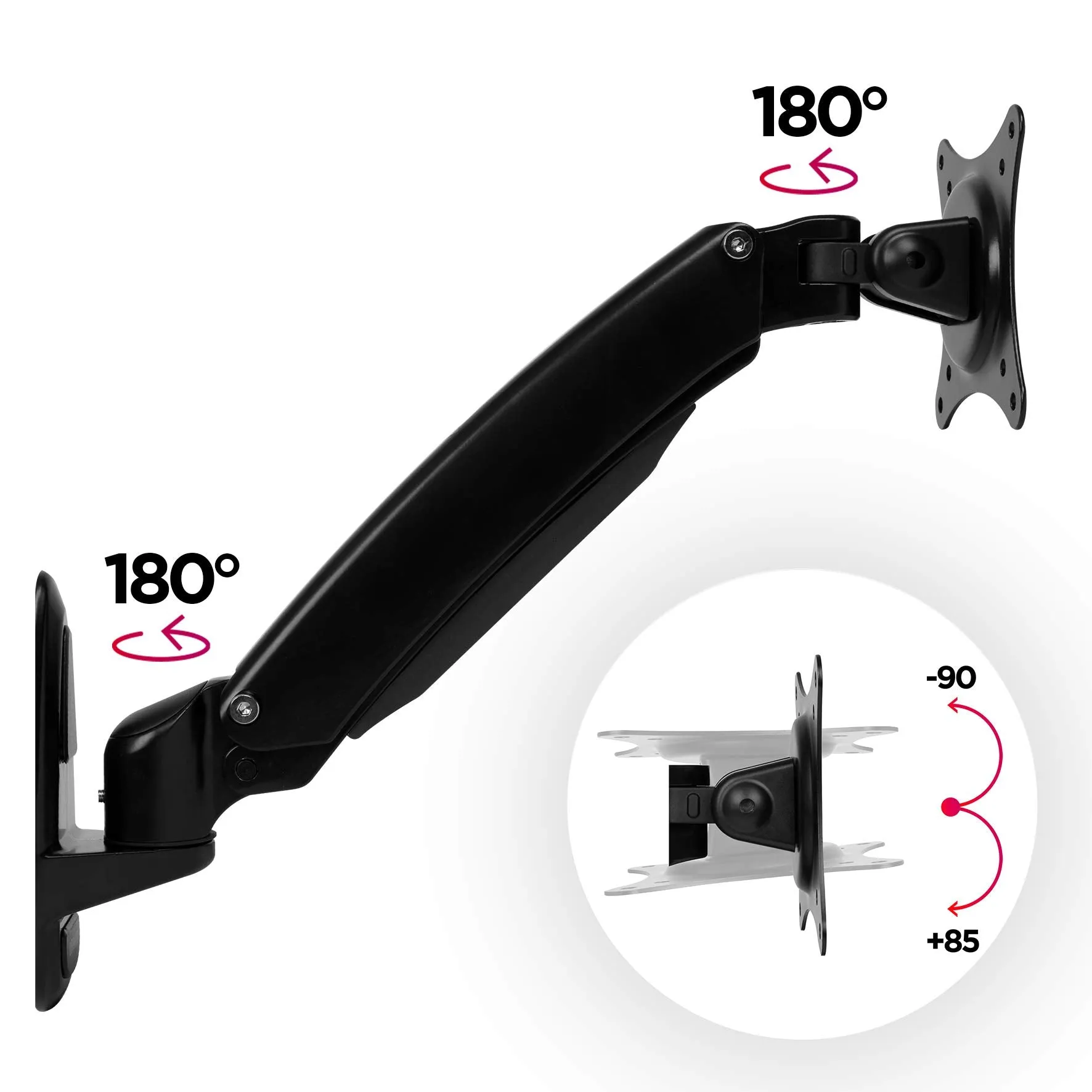 Duronic Monitor Arm Wall Mount DM55W1X1 | Bracket for Single PC Computer Screen | Aluminium | For One 15”-27” LED LCD TV Television | VESA 75/100 Fixing | Tilt  85°/-90°, Swivel 180°, Rotate 360°