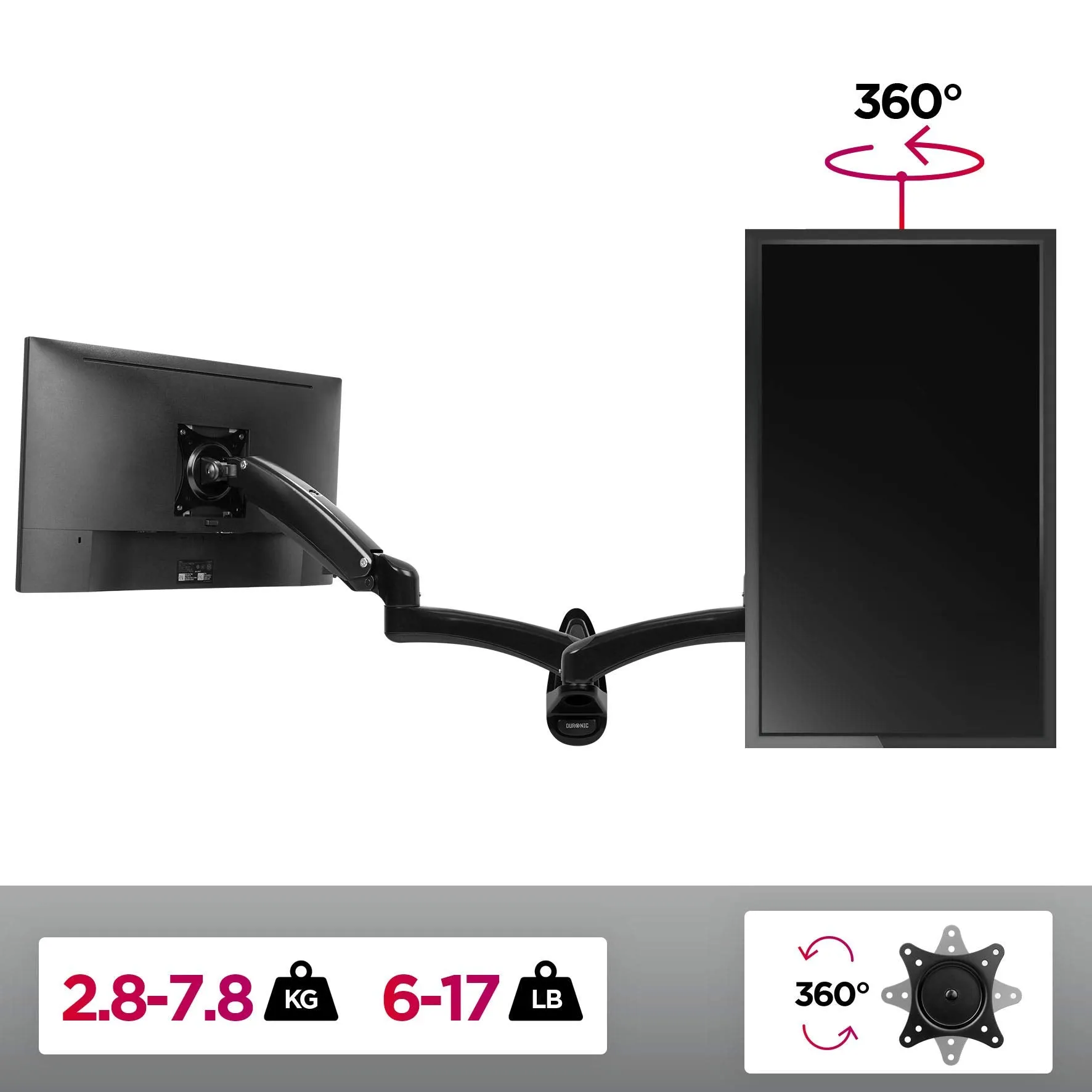 Duronic Monitor Arm Wall Mount DM55W1X1 | Bracket for Single PC Computer Screen | Aluminium | For One 15”-27” LED LCD TV Television | VESA 75/100 Fixing | Tilt  85°/-90°, Swivel 180°, Rotate 360°