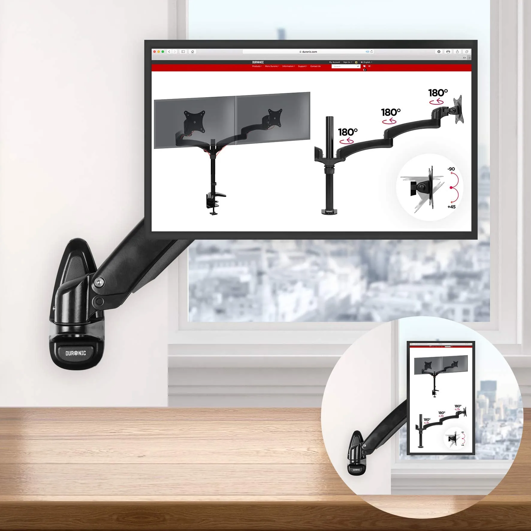 Duronic Monitor Arm Wall Mount DM55W1X1 | Bracket for Single PC Computer Screen | Aluminium | For One 15”-27” LED LCD TV Television | VESA 75/100 Fixing | Tilt  85°/-90°, Swivel 180°, Rotate 360°