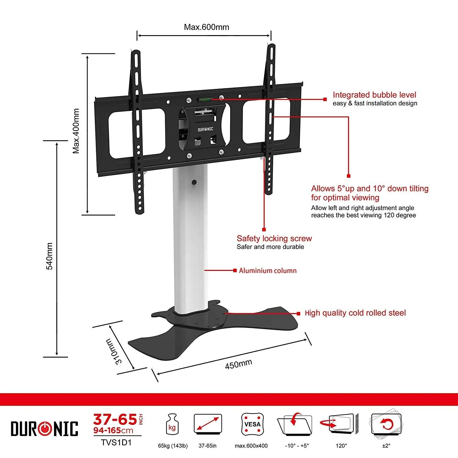 Duronic TV Wall Mount Stand TVS1D1 Tabletop | Standing Mount for 37”-65” Flat Screen Television | Tilting -10°/ 5° | VESA Up to 600x400 | Strong Heavy Duty | Max. 68kg Capacity