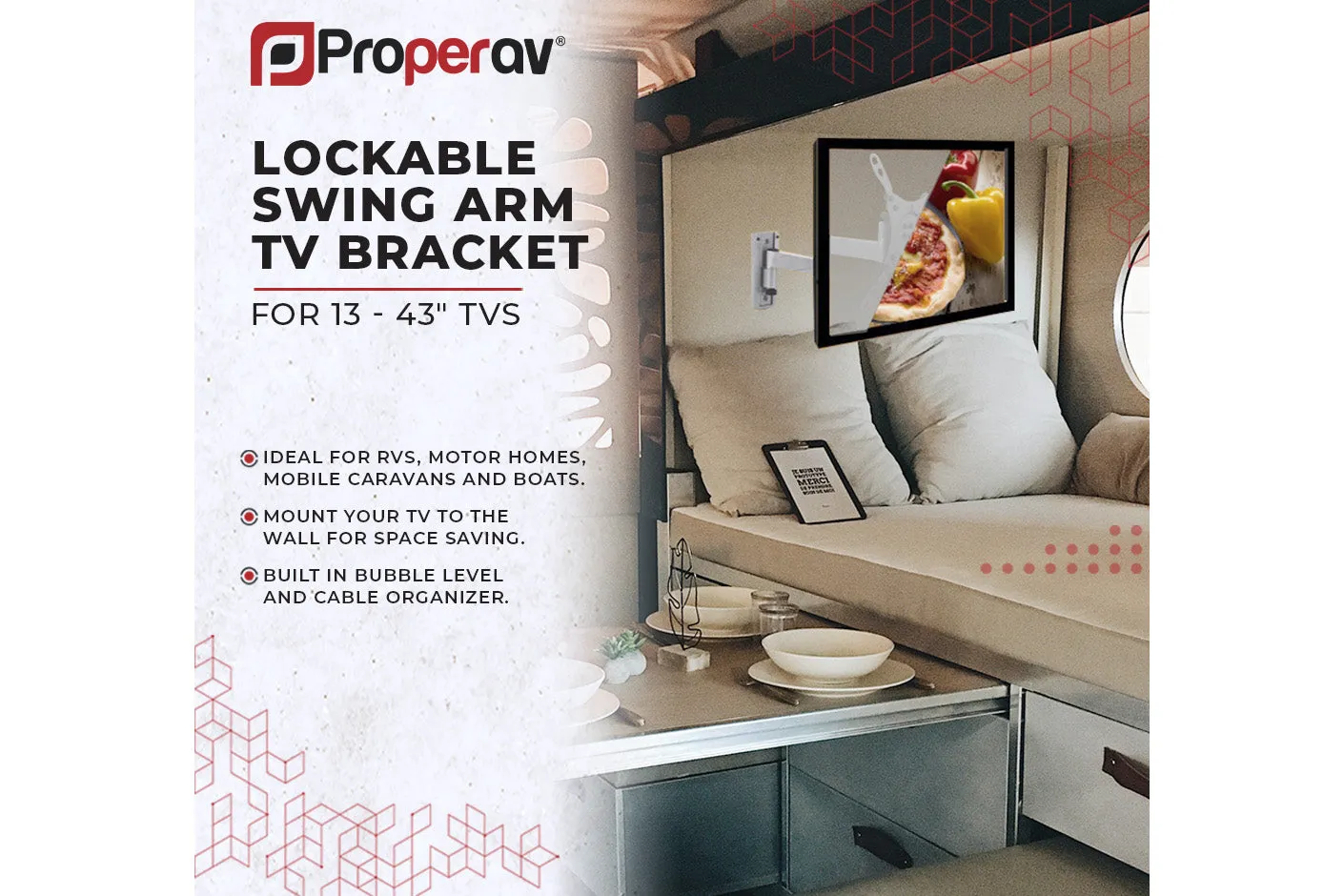 Swing Arm Lockable TV Wall Bracket 13" 15" 17" 19" 23" 24" 28" 32" 37" 40" 42" 43" for Motorhome RV Caravan and Boat VESA Max 200x200