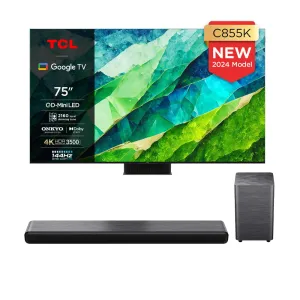 TCL 75C855K 75 Inch C855K 4K UHD QLED Mini LED Smart TV and S55H Dolby Atmos Soundbar with Subwoofer Bundle 2024