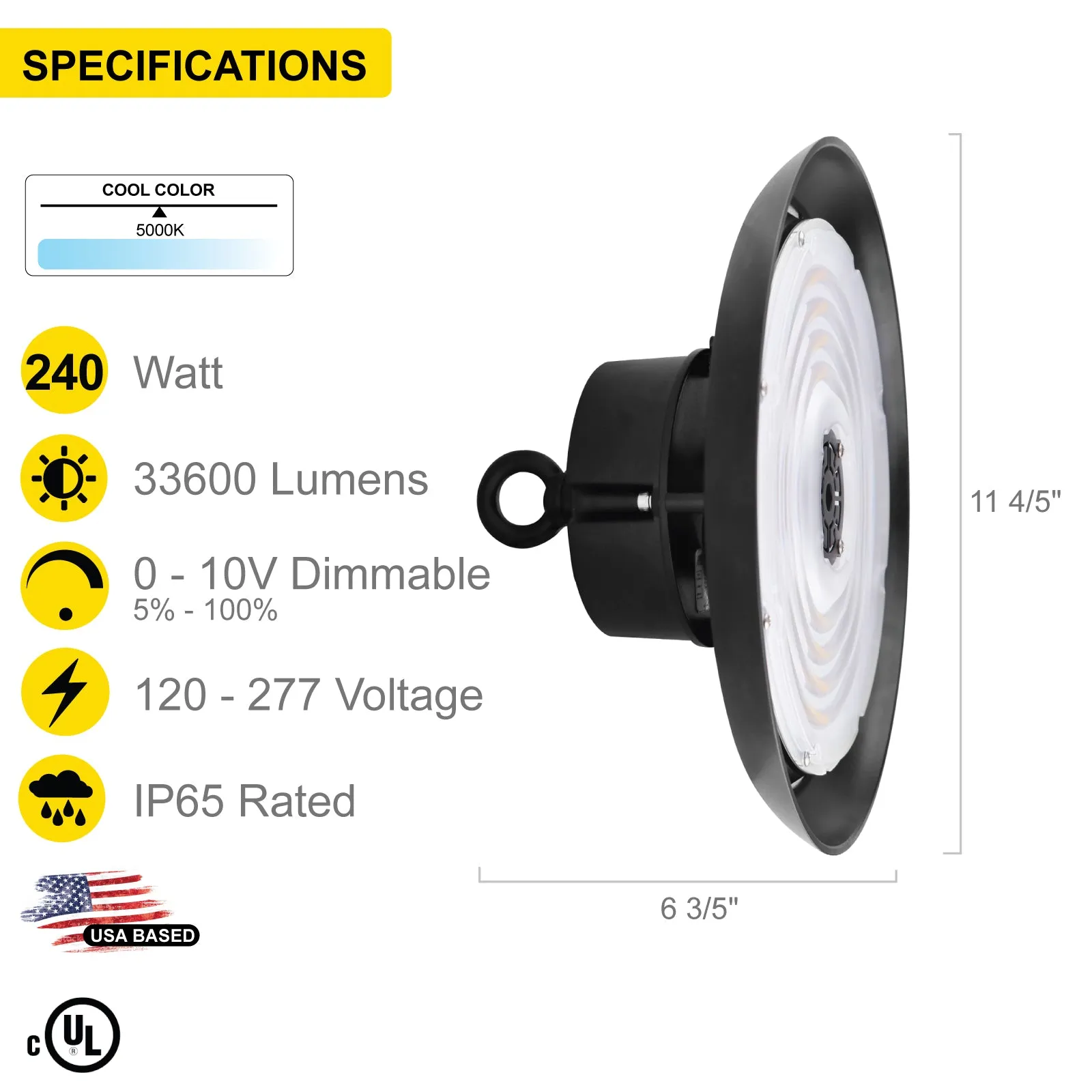 UFO LED High Bay Light 240W Round Industrial Warehouse LED Lighting - 0-10V Dimmable - 120-277V - 5000K Daylight - 35000LM