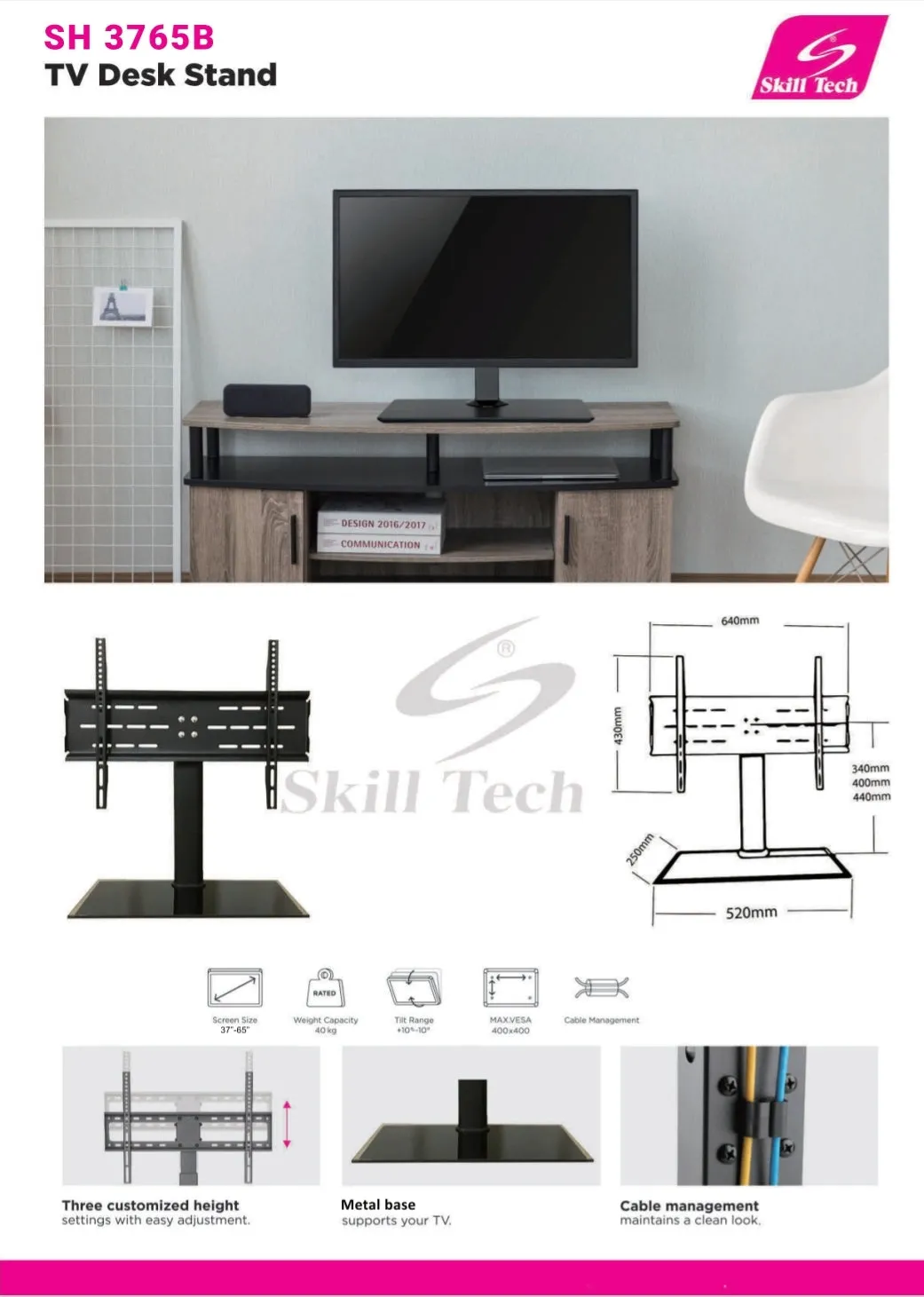 Universal Tabletop TV Stand With Glass Base - SH 3765B (Fits Most 37″-65″ Screen, Weight Capacity 40kg)